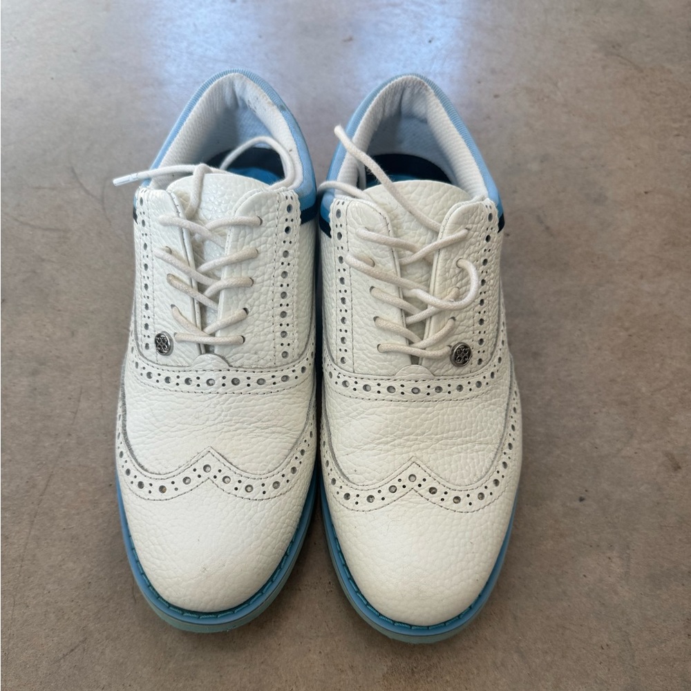 G/FORE White and Blue Brogue Sneakers